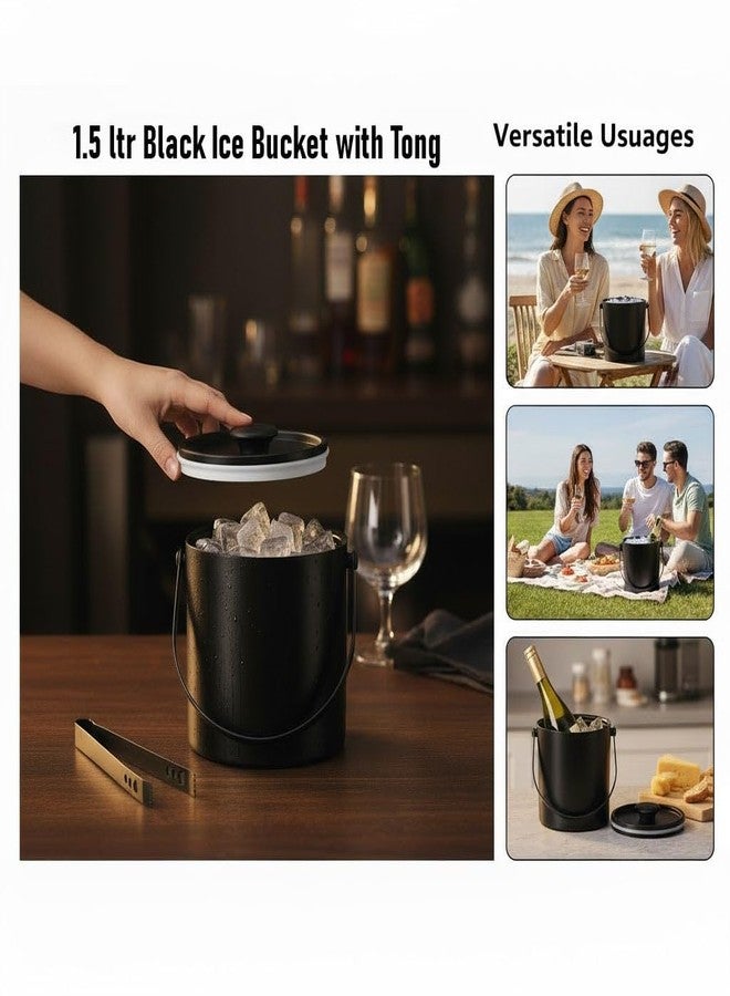 finality Stainless Steel Insulated Double Walled Black Ice Bucket with Lid & Handle, 1.5L, Ice Tong, Keeps Ice Cold for Long Hours, Bar Tools for Home Bar Accessories, Mini Bar - Image 2